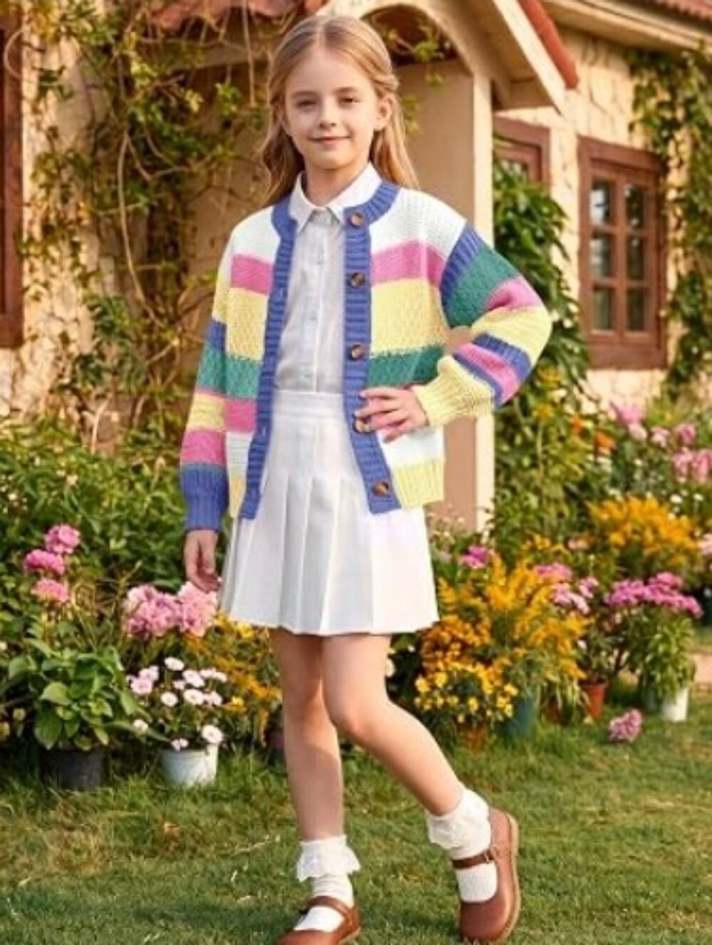 Girls Color Block Cardigan Sweaters Button Up Knit Sweater Purple